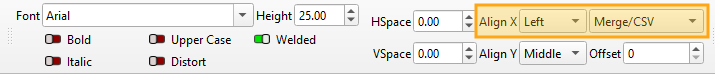 Screenshot annotating the location of the Align X and Variable Text mode settings in the Text Options Toolbar
