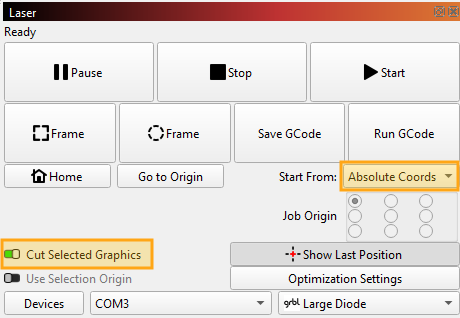 Screenshot showing where to select Absolute Coords in the Laser Window