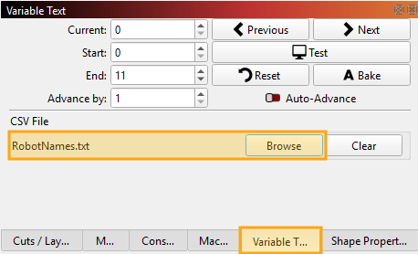 Screenshot annotating the location of the Variable Text window and the Browse button